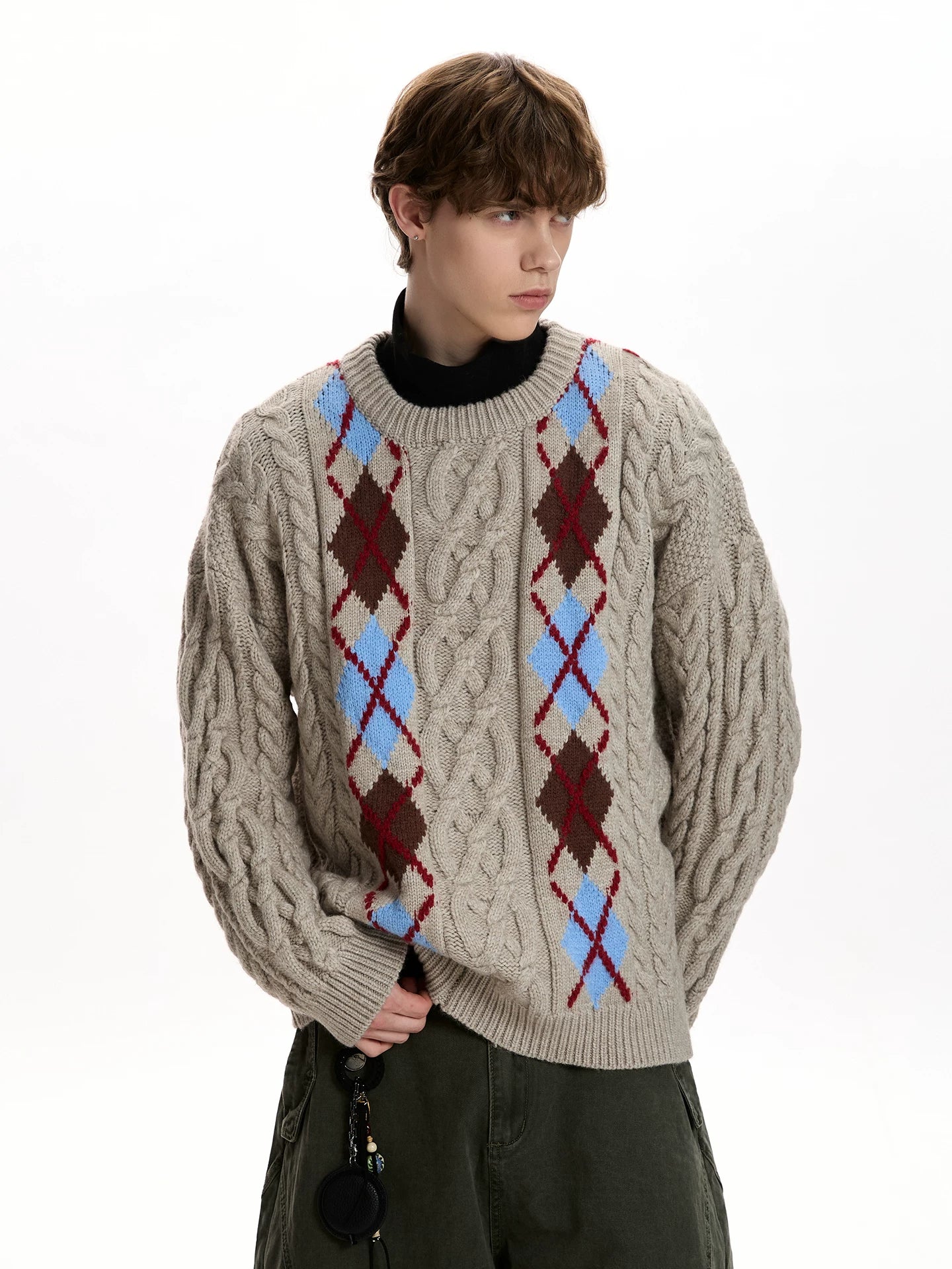 A PUEE Vintage Rhombus Checked Crew Neck Sweater