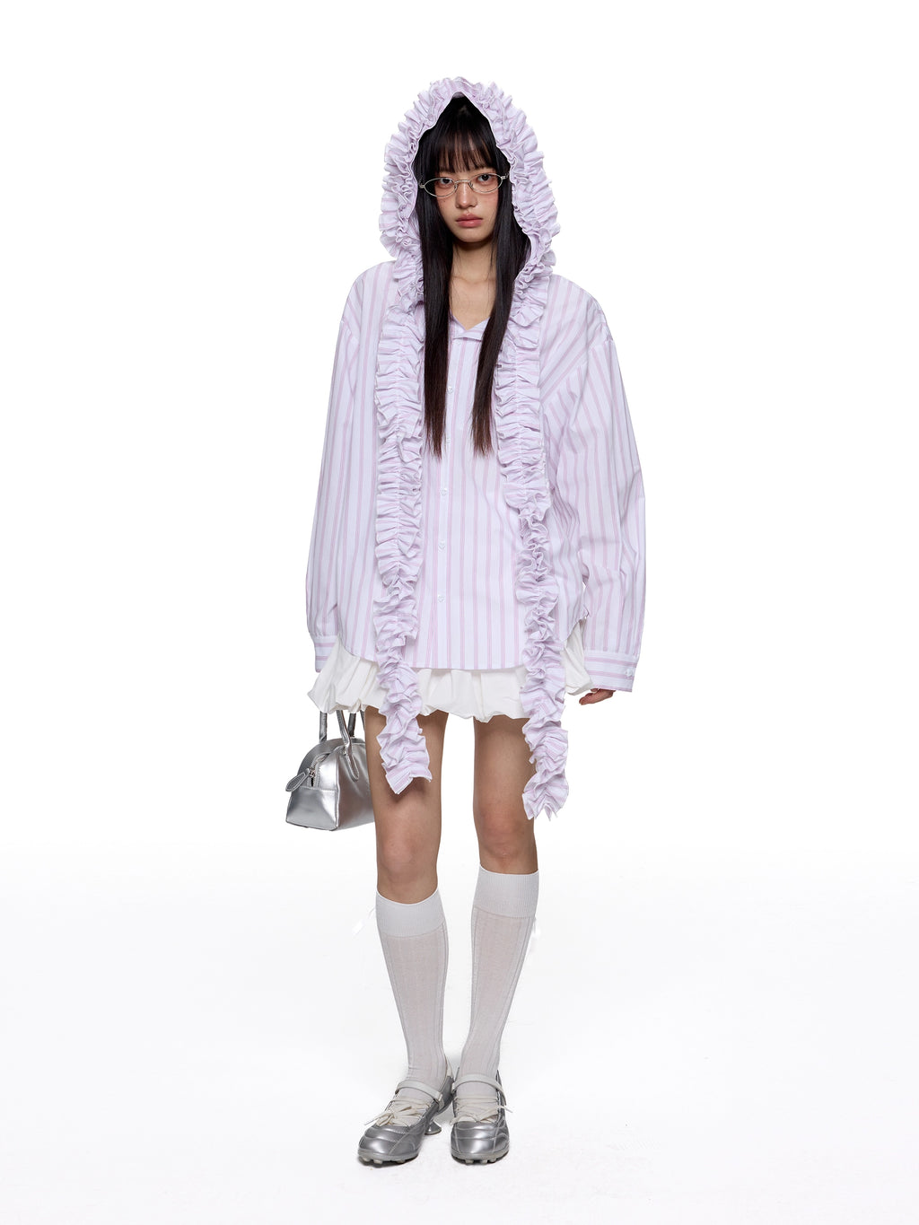EZEK Striped Pleated Fringed Hooded Long-sleeved Shirt