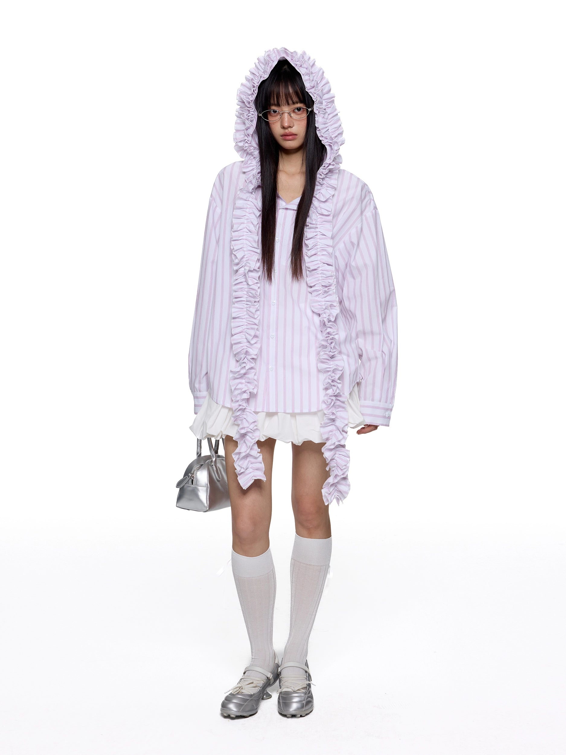 EZEK Striped Pleated Fringed Hooded Long-sleeved Shirt