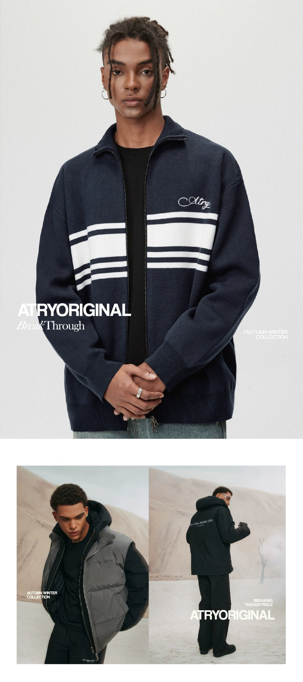 ATRY Striped Cardigan Double-ended Zipper Sweater Jacket