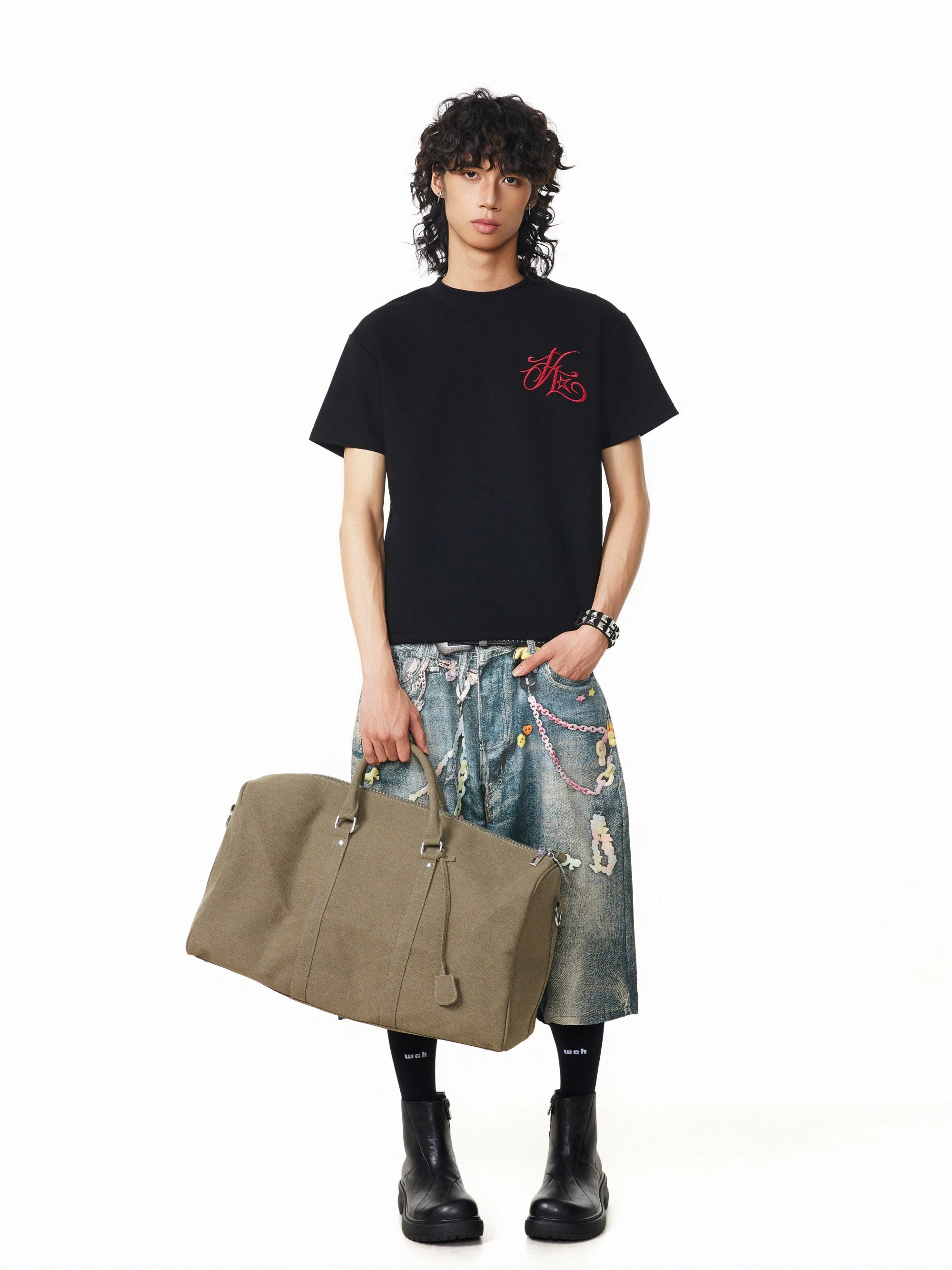 (Clearance) BTSG Vintage Embroidery Alphabet Hip Hop Front Shoulder Short Wide Tee