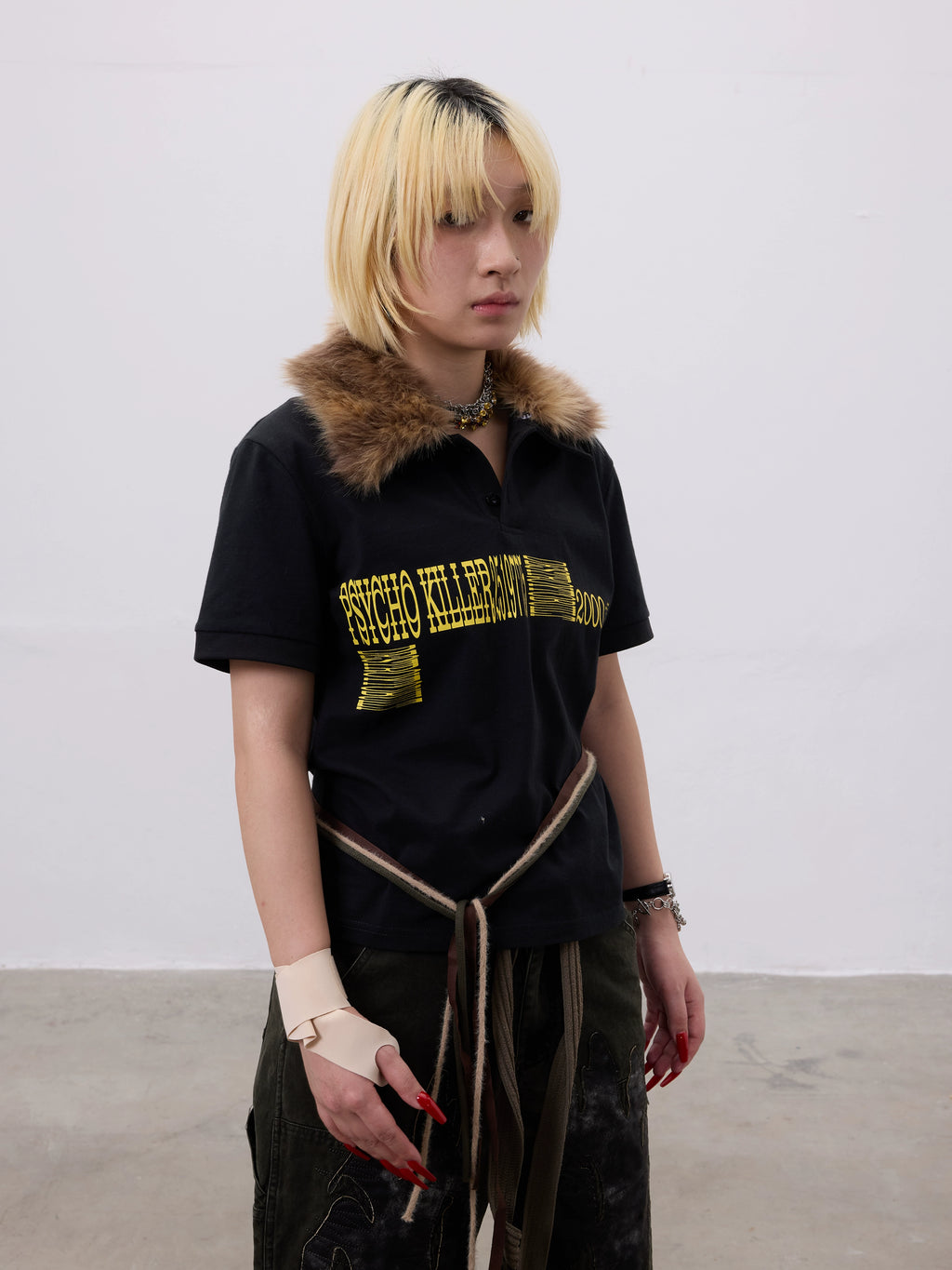 CHAI Slogan Printed Fur Collar Removable Slim-fit POLO Shirt