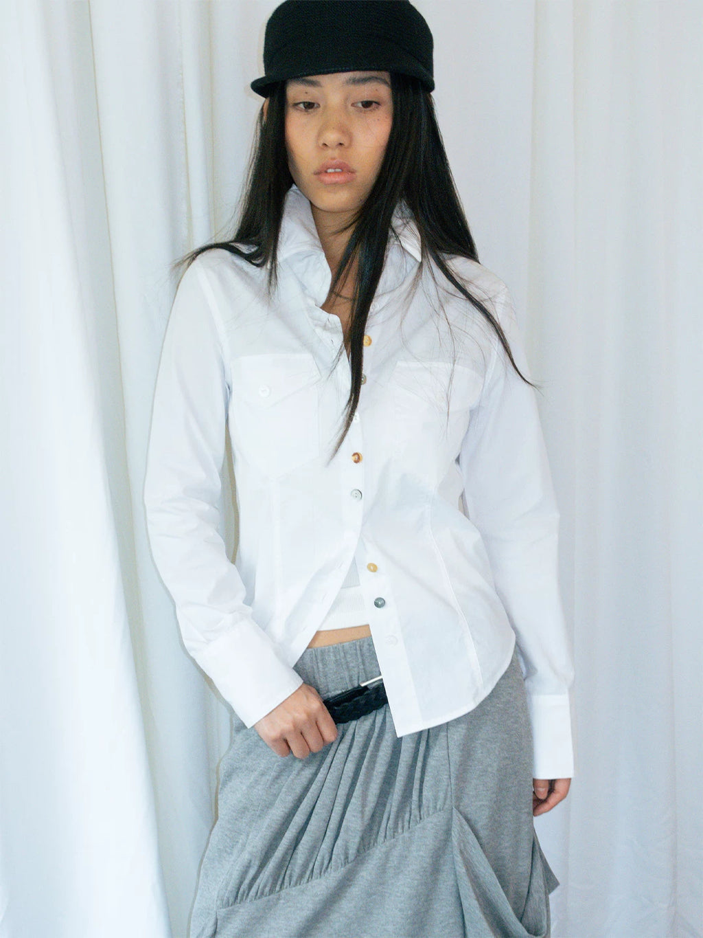 FUNKYFUN Lapel Twist Rope Waist Front Shoulder Shirt Jacket