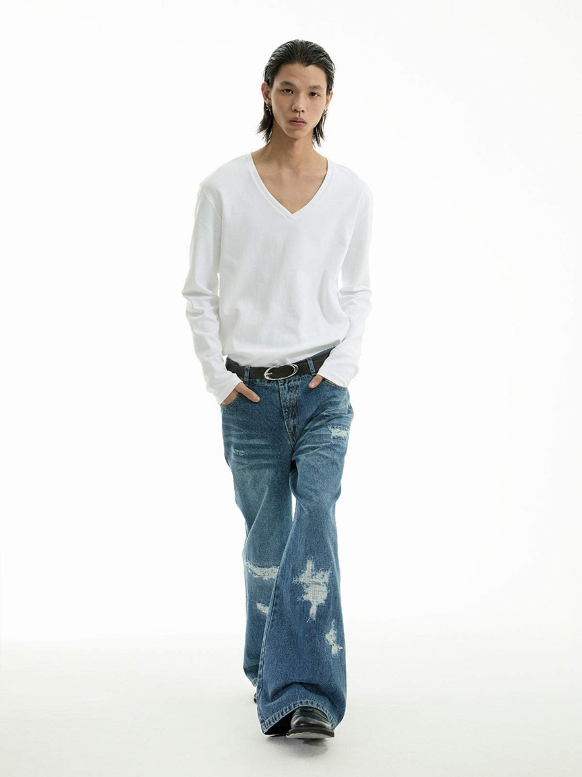FUNKYFUN  Irregular Ripped Straight Loose Jeans