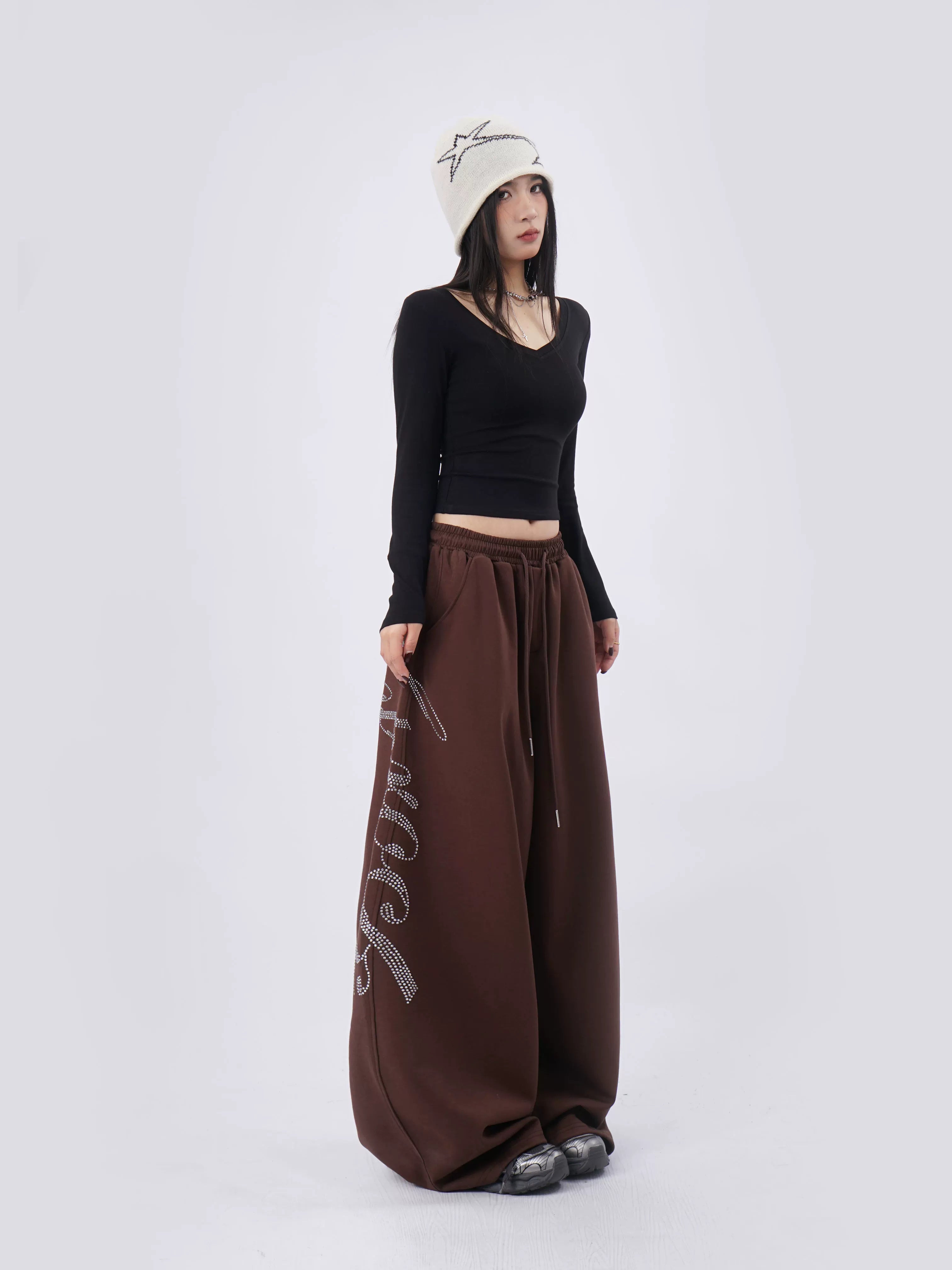 SAMUSAN Hot Diamond Letter V-Neck Slim Short Long Sleeve