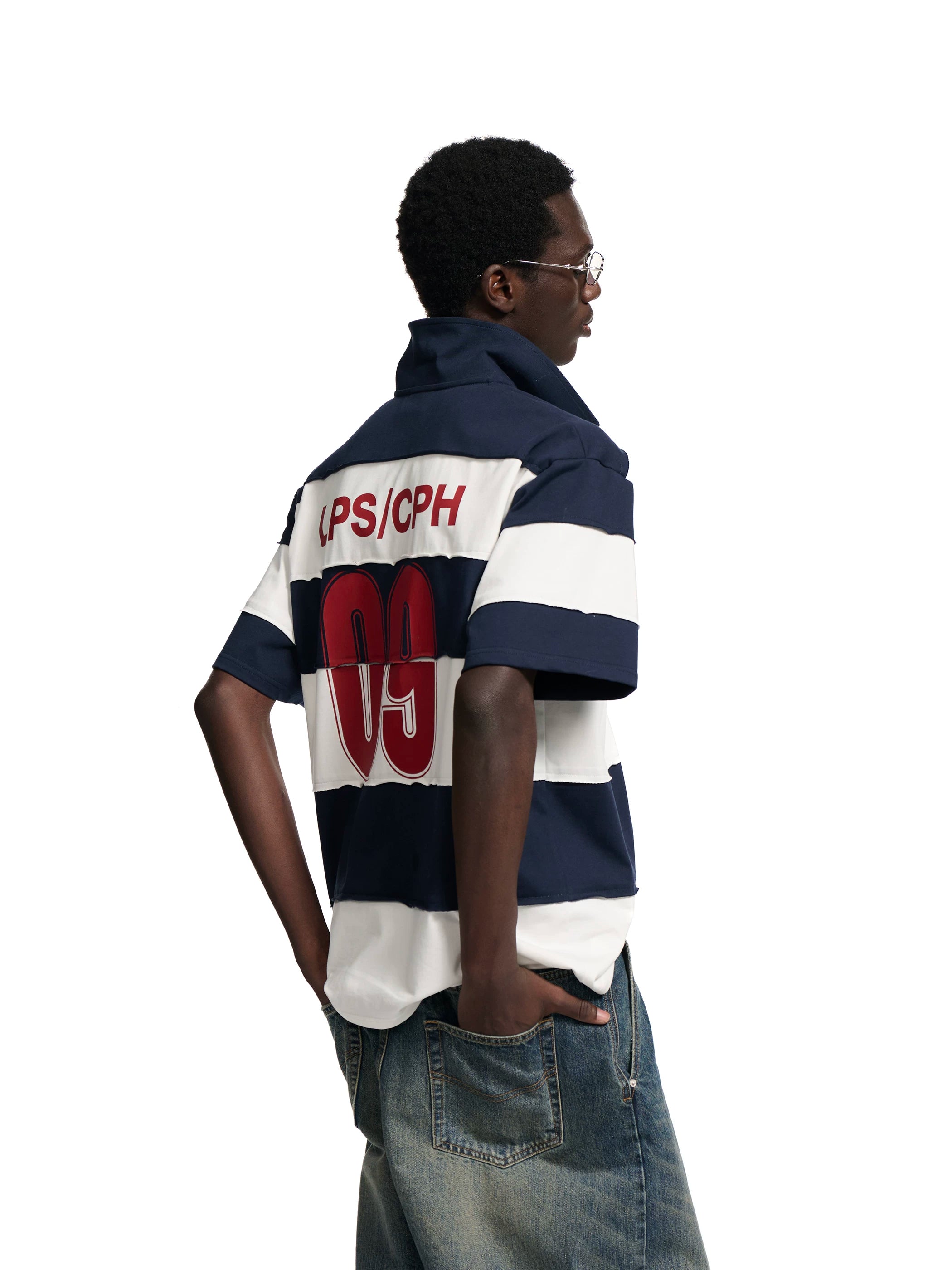 Loopsoon Vintage Contrasting Stripe Stitching Rough Edge Polo Tee