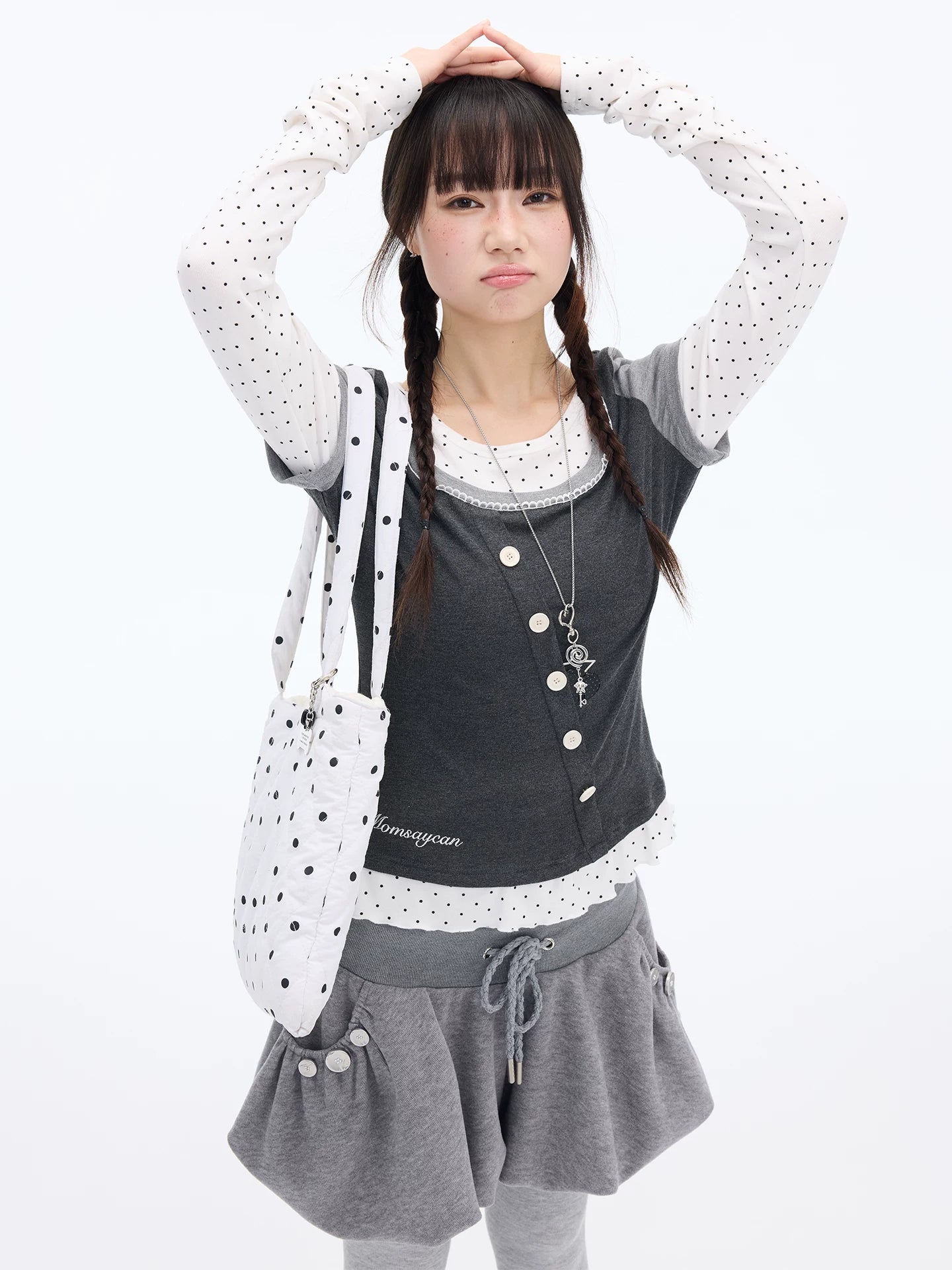 MOMSAYCAN Polka Dot Splicing Lace Slim Fit Long Sleeve