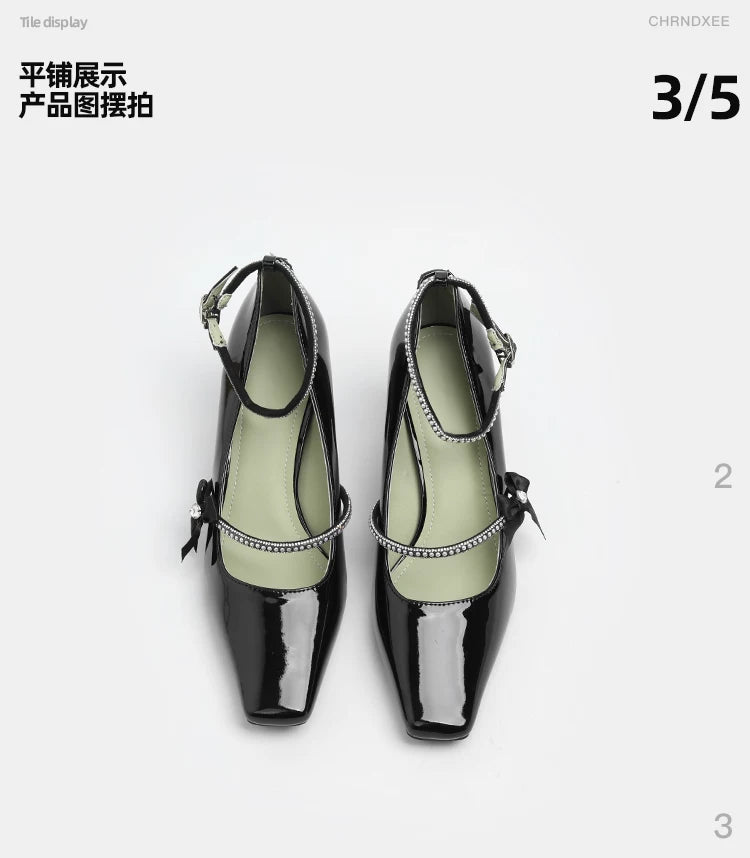 CHRNDXEE Retro Bow Rhinestone One-word Strap High-heeled Shoes