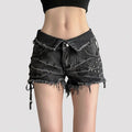 FUNOFF Vintage Riveted Burr-edged Low-rise Denim Shorts