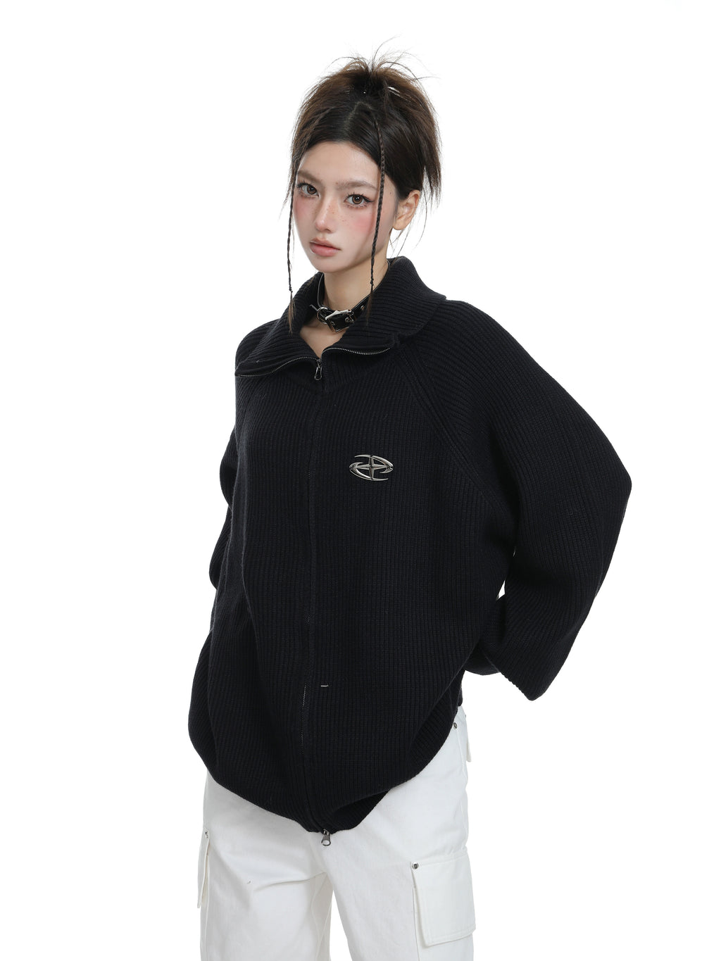 KDASE Double Zipper Stand-up Neck Sweater Jacket