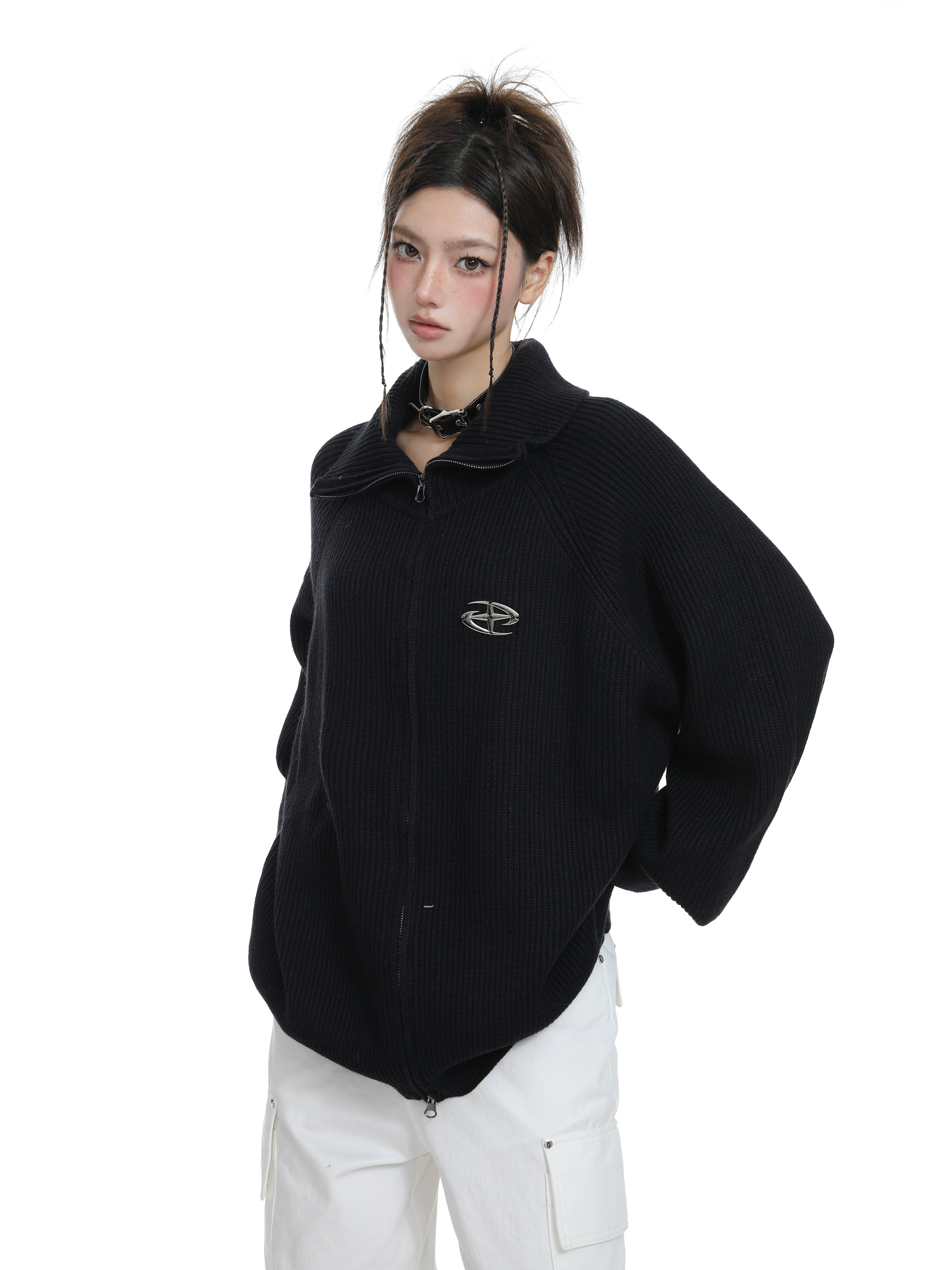 KDASE Double Zipper Stand-up Neck Sweater Jacket