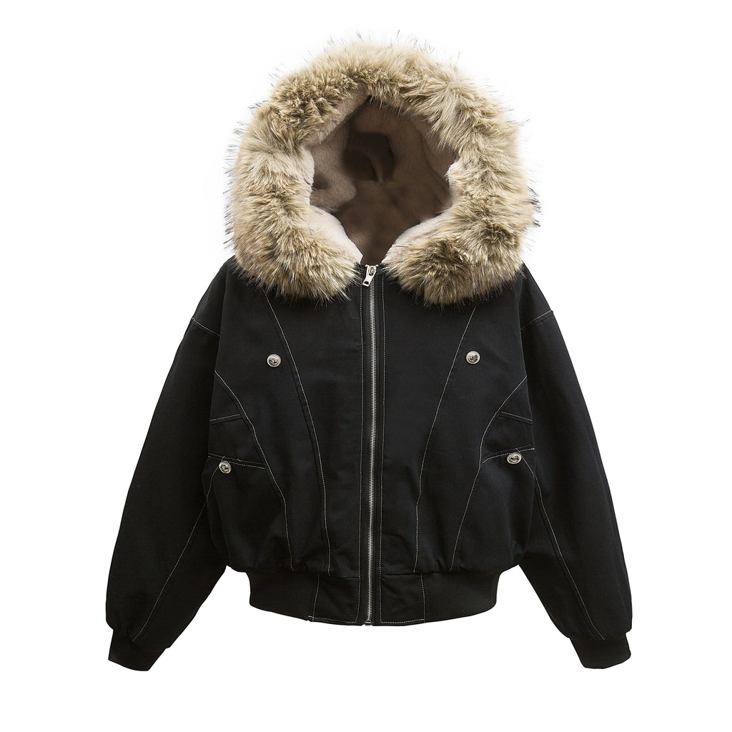 Zuocisankon Thermal Fur Collar Hooded Fleece Jacket
