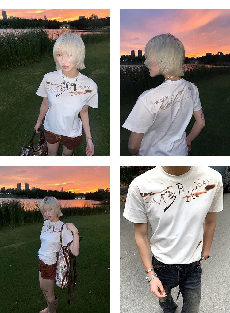 PAIKI Heavy Industries Flame Burning Dirty Washing Old Damaged Tee