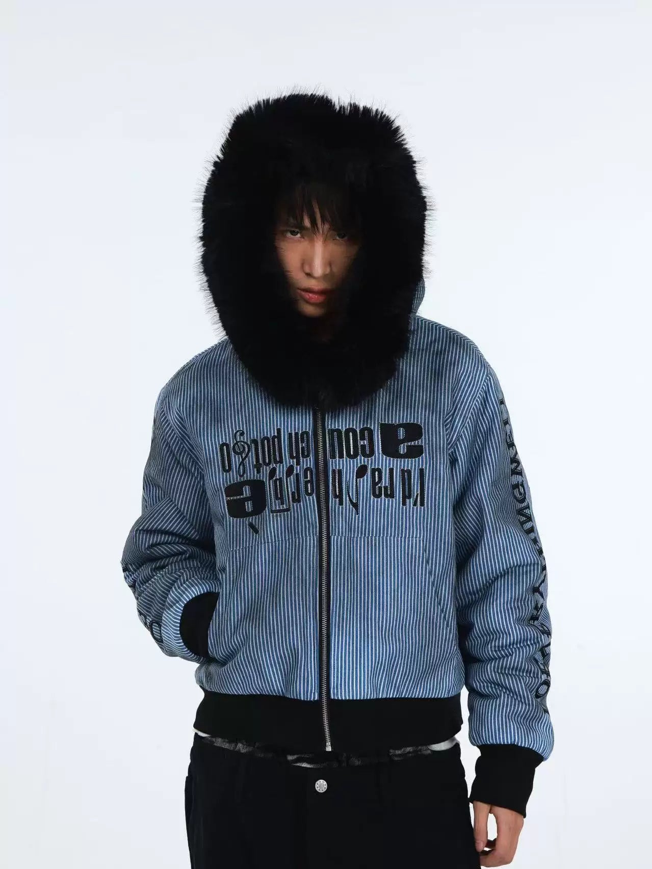 DETW Striped Long Fur Collar Lamb Fleece Hooded Jacket