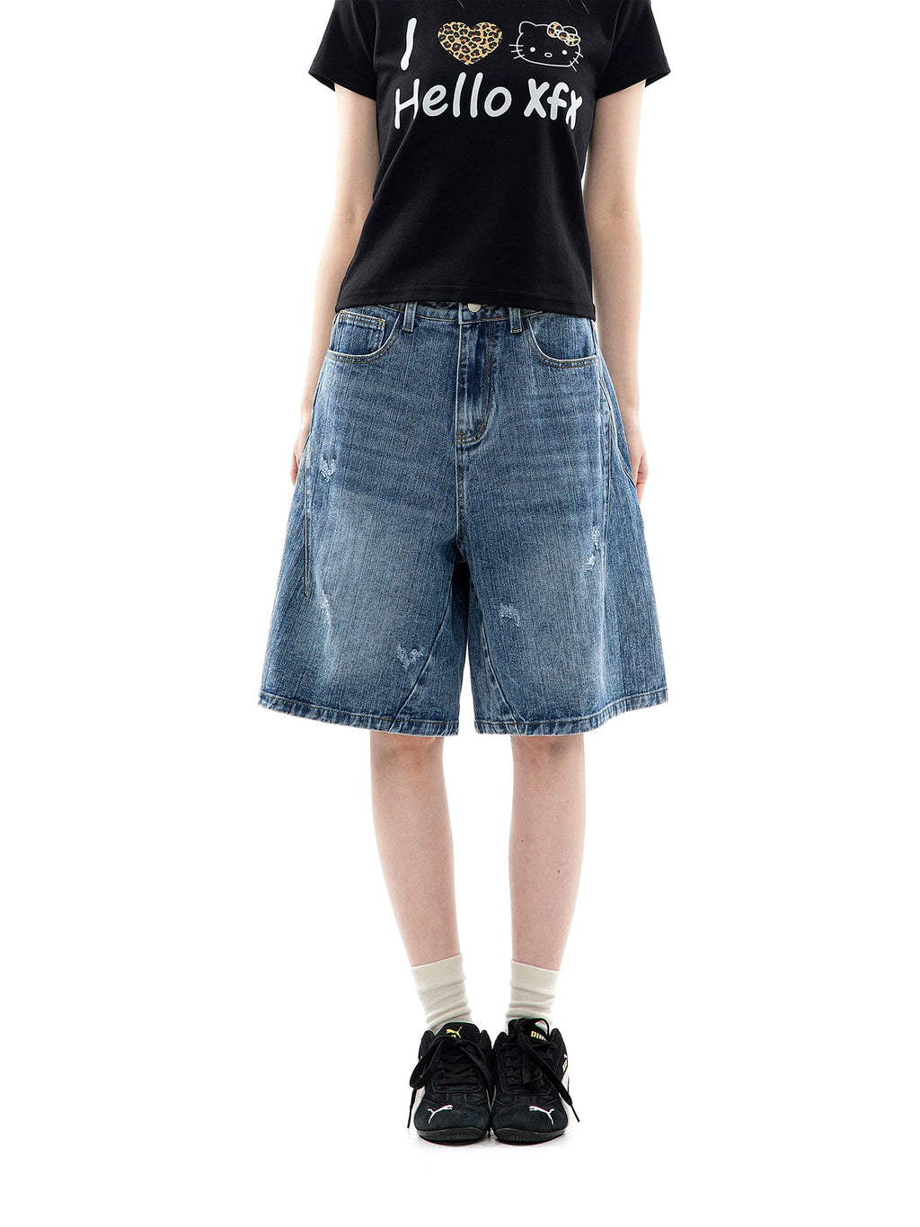 CHANT2nd Vintage Ripped Denim Wide Leg Shorts