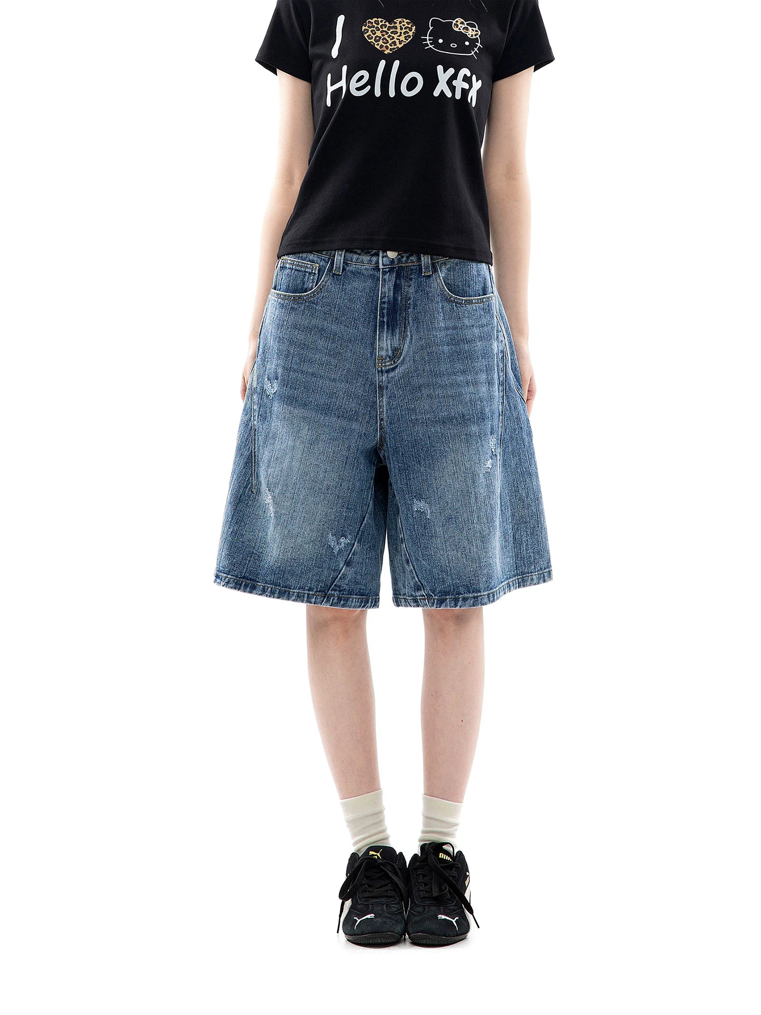 CHANT2nd Vintage Ripped Denim Wide Leg Shorts