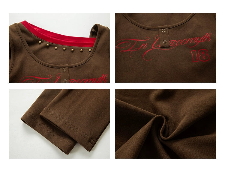 UNIFREE Long Sleeve Slash Shoulder Printed Chain Wide Leg Straight Floor Mopping Jeans