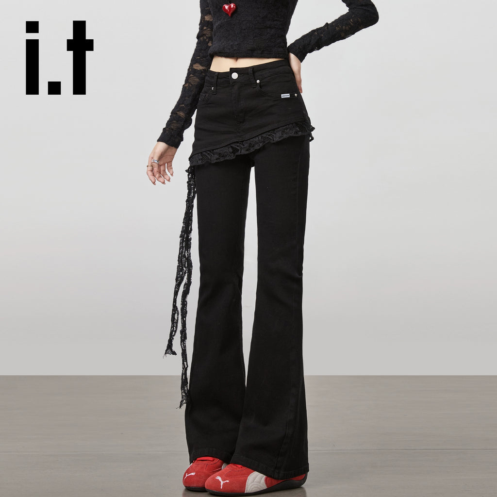 IT: CHOCOOLATE Fake Two-piece Stitched Lace Jeans