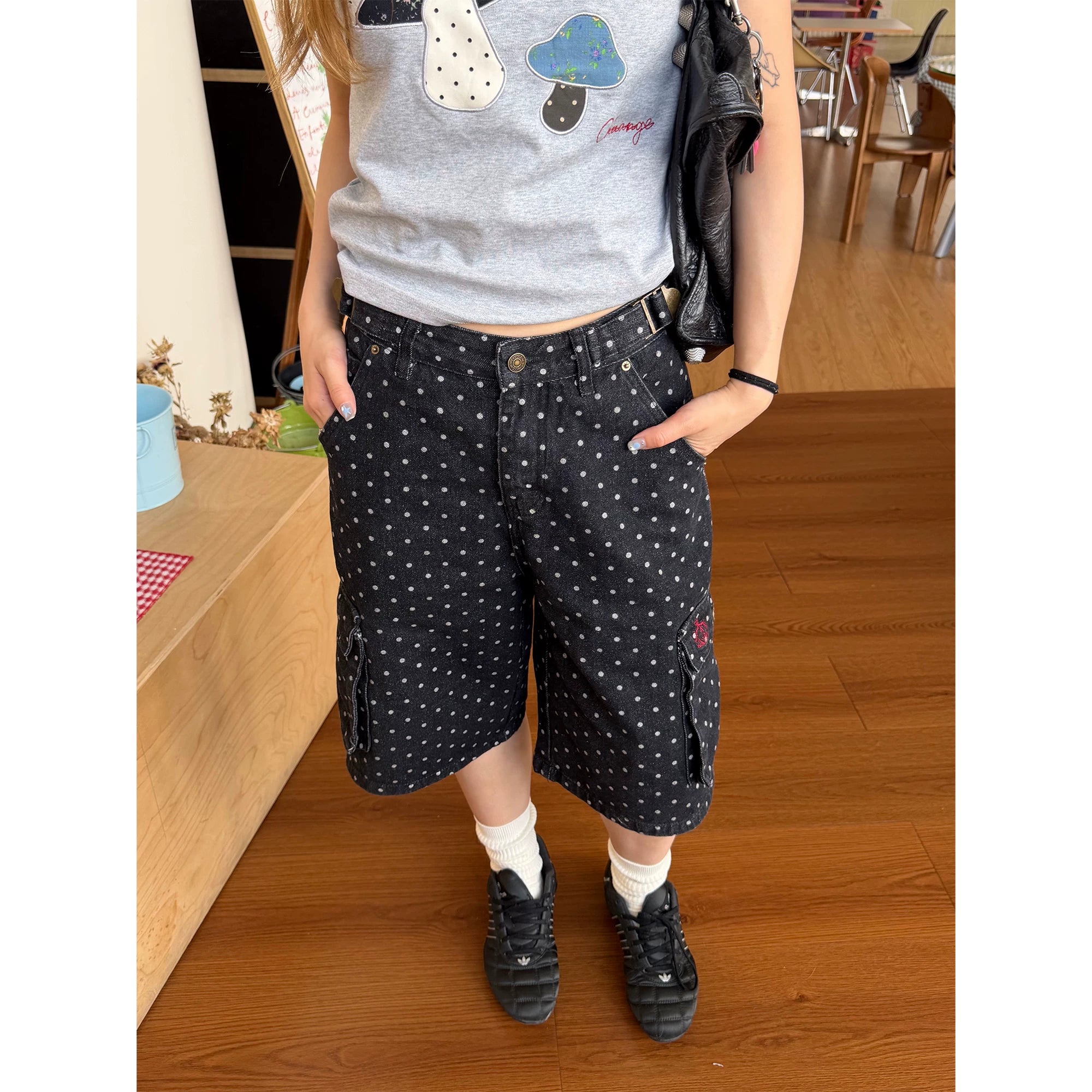 CCYE Retro Polka Dot Denim Cropped Shorts