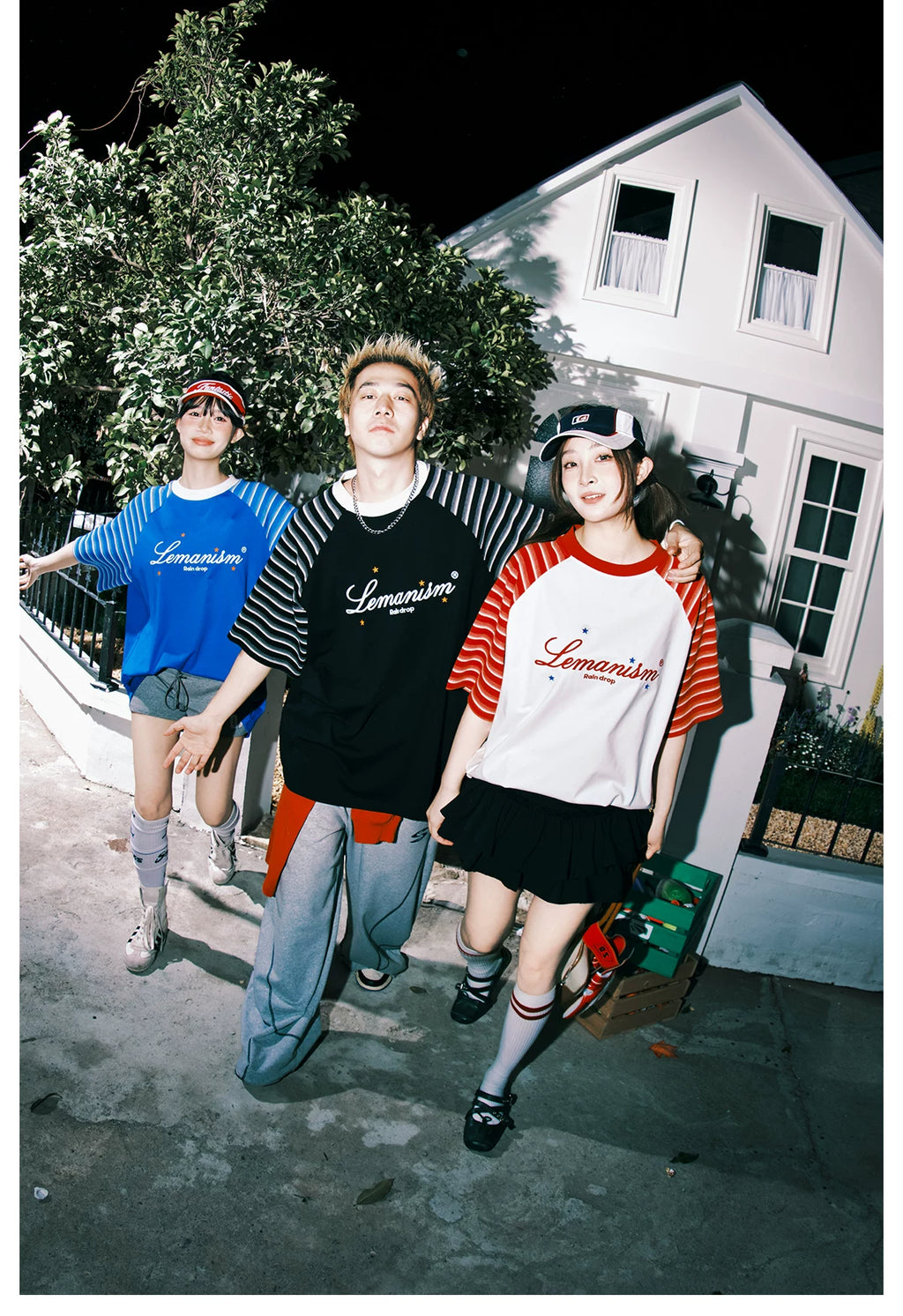 Lemanism Stripe Contrast Shoulder Letter Casual Tee