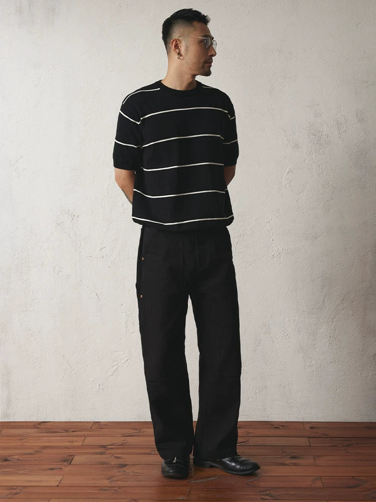 SUPERTOFU Striped Threaded Bottom Straight Shoulder Knitted Tee