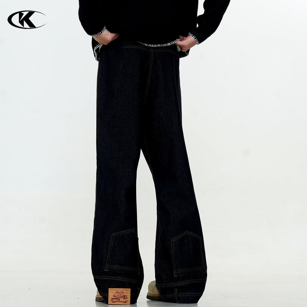 11KN Washed Black Inverted Retro Design Reverse Straight Jeans