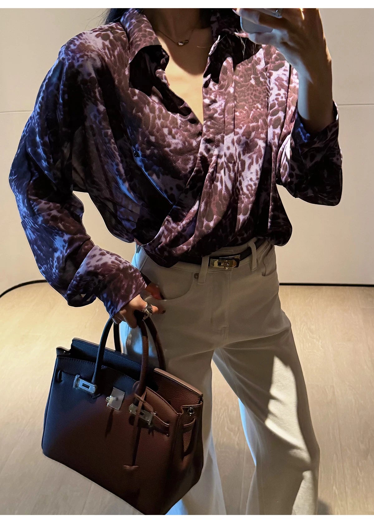 CHUYUQI Waist Leopard Print Long-sleeved Shirt