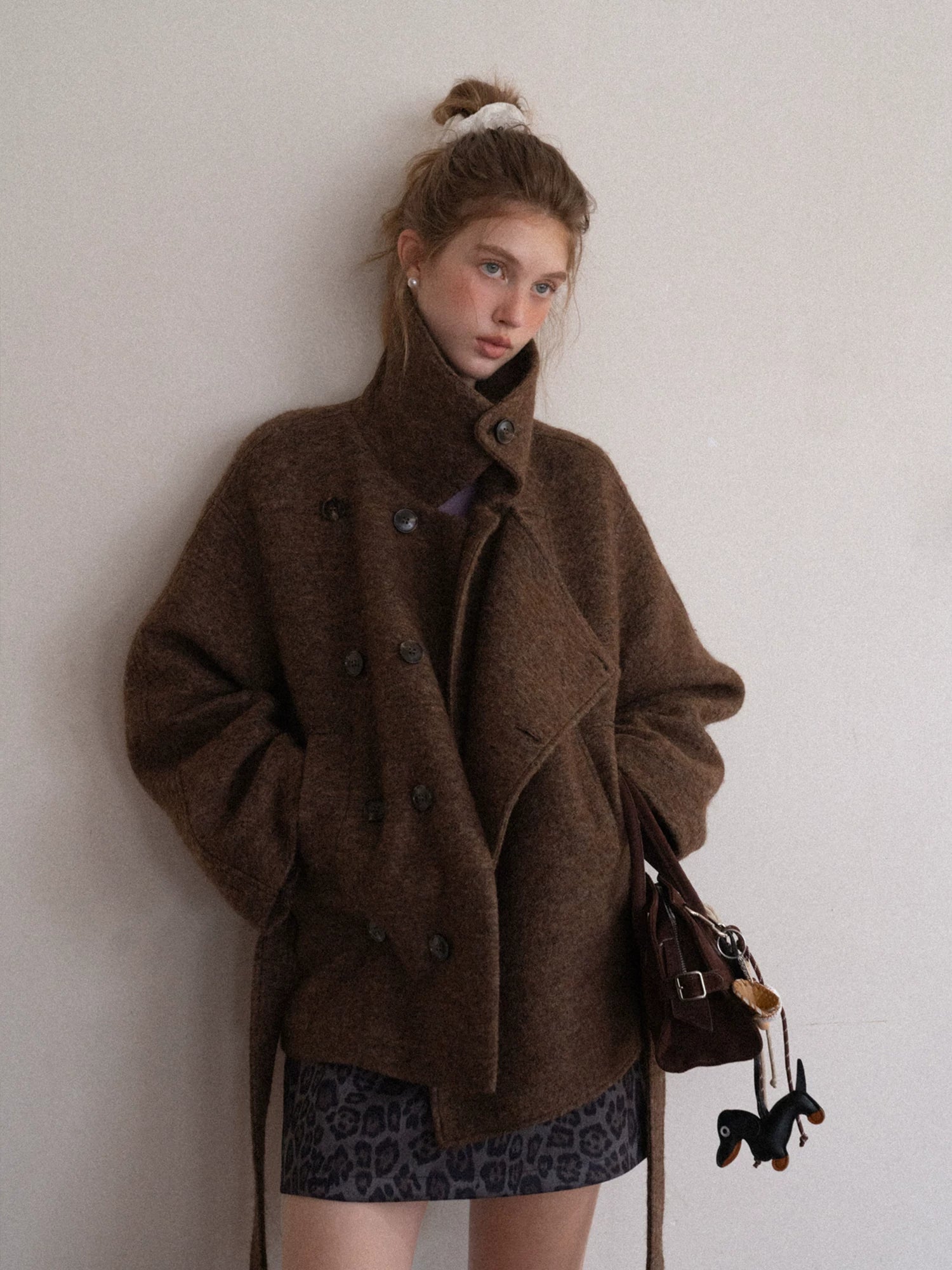 EGGKA Premium Sense Stand-Up Neck Lace-Up Waist Woolen Jacket