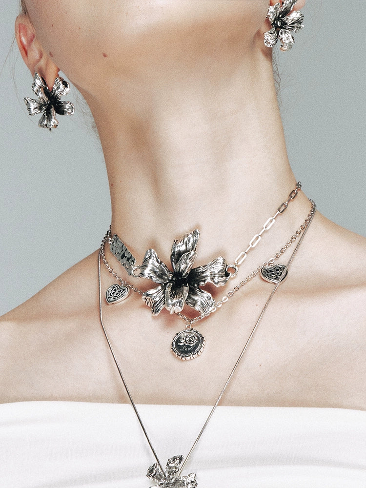 1JINN Retro Metal Three-dimensional Flower Double-layer Clavicle Chain