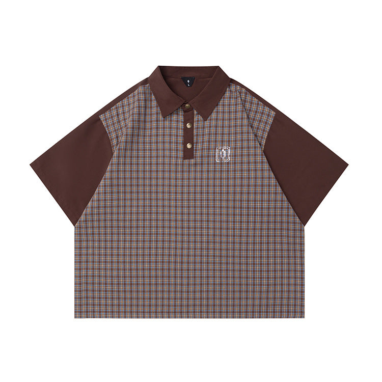 OVDY Plaid Splicing Contrasting Color Retro Polo Shirt