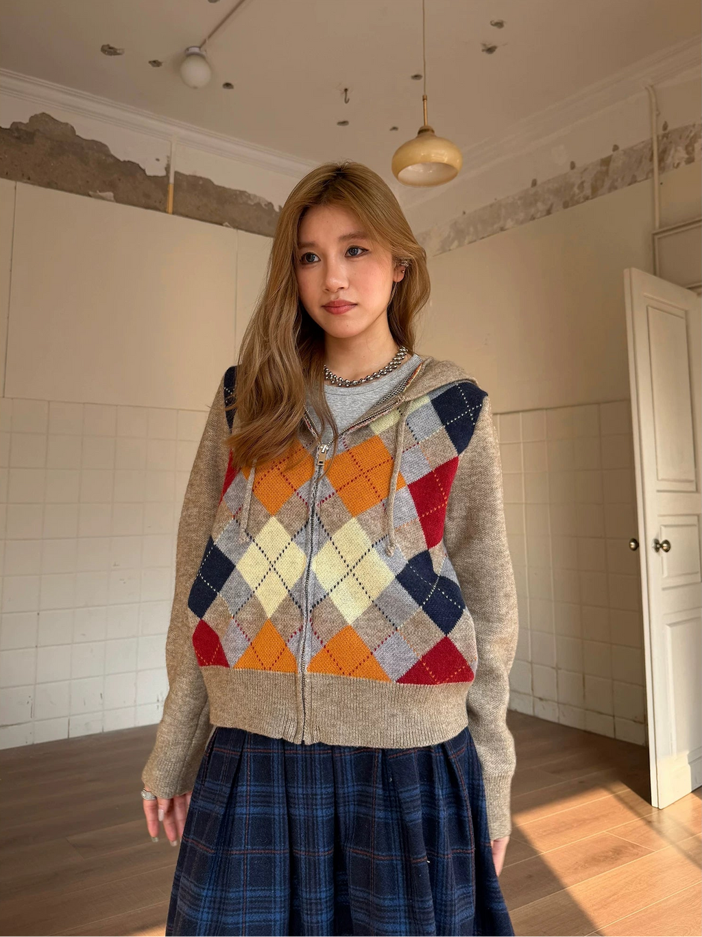 CCYE Vintage Rhombus Hooded Sweater Knitted Cardigan Jacket