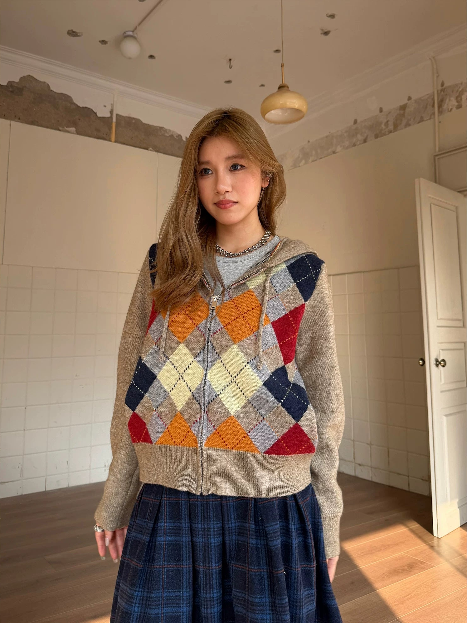 CCYE Vintage Rhombus Hooded Sweater Knitted Cardigan Jacket