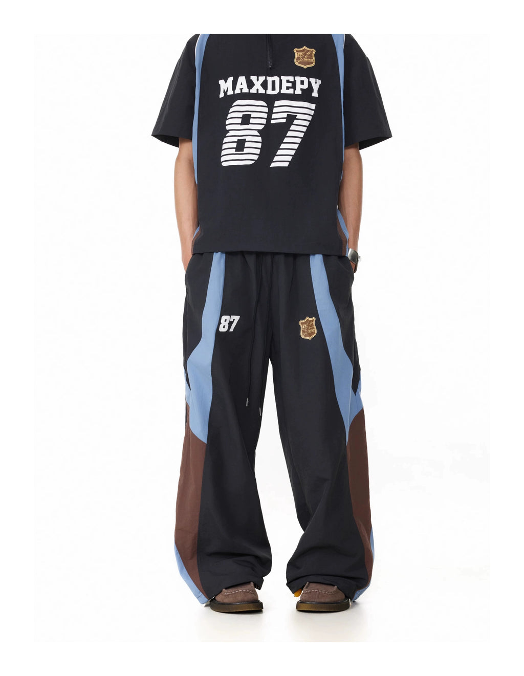 BTSG American retro badge contrasting color splicing elastic waist Pants