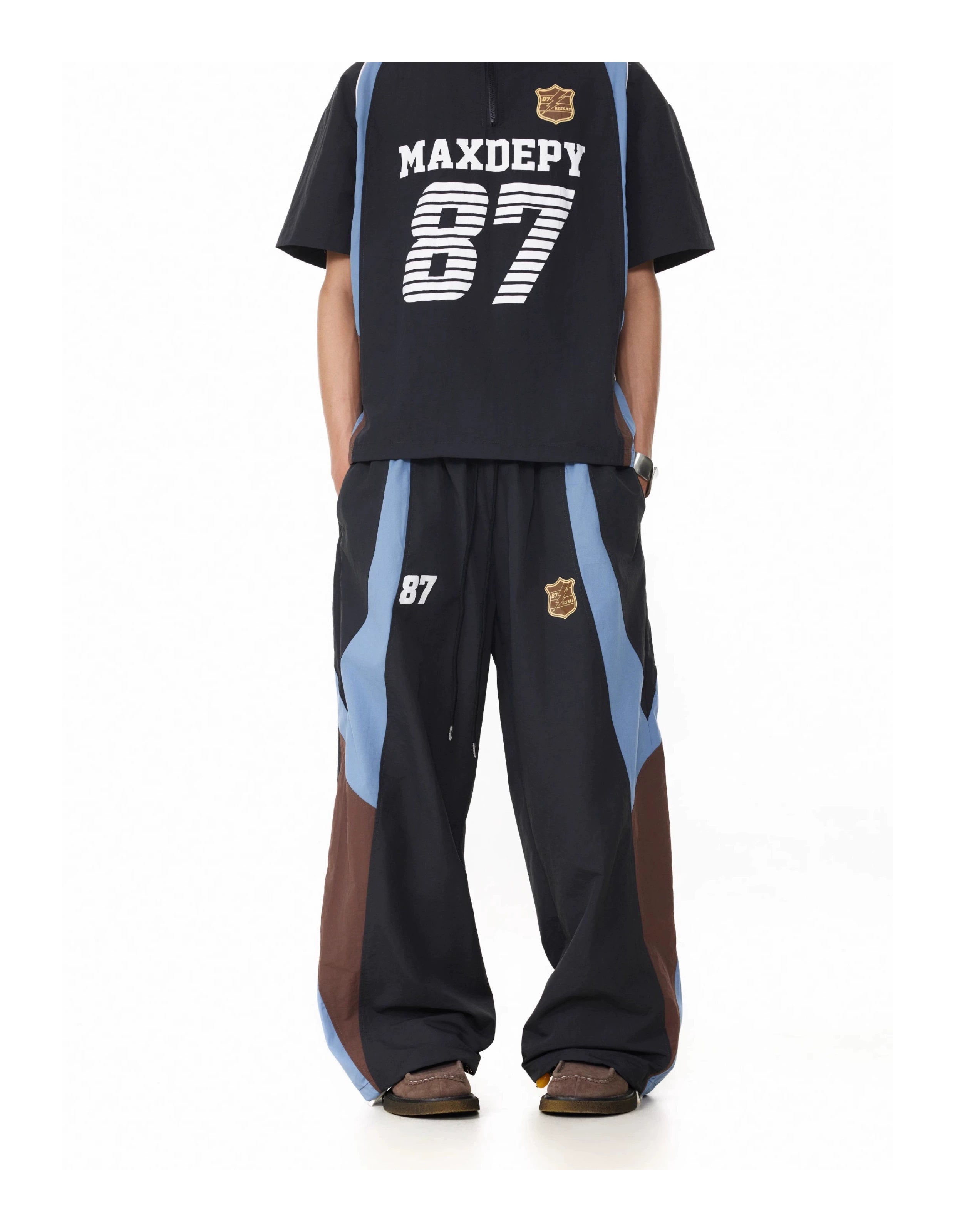 BTSG American retro badge contrasting color splicing elastic waist Pants