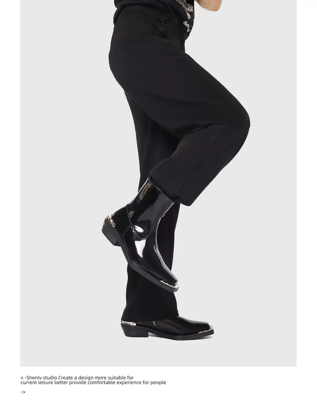 SHENLV STUDIO Glossy Square High-heeled Leather Boots