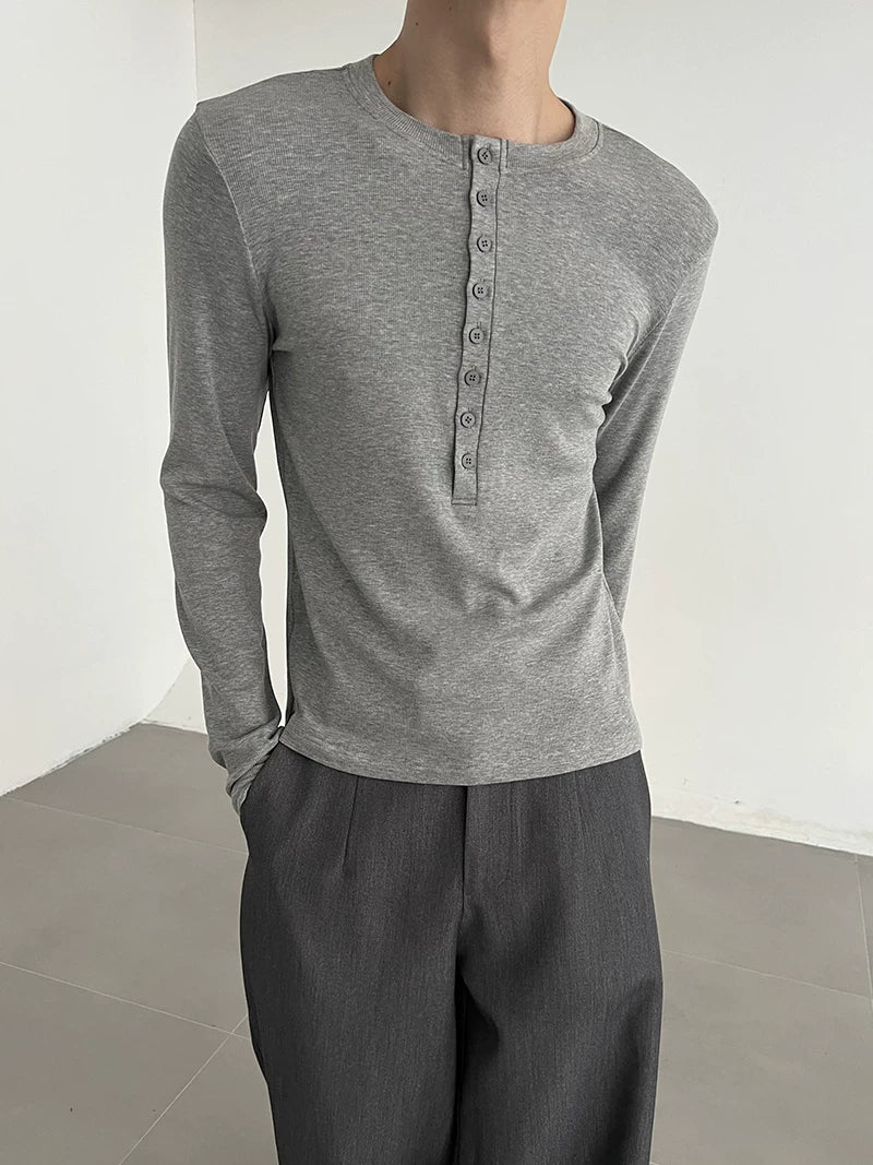 COLN Casual Henry Collar Bottom Long Sleeve