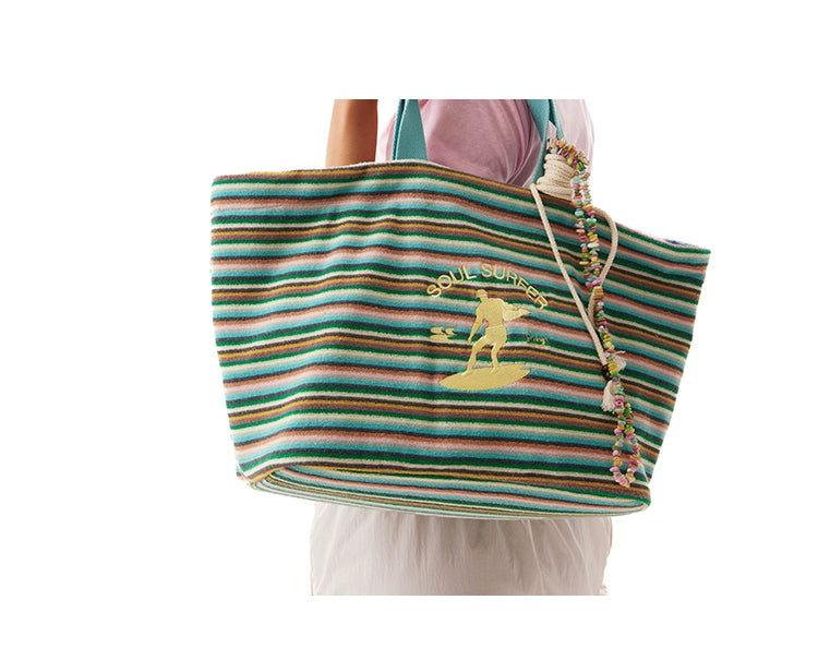 CryingCenter Large Capacity Tote Shoulder Bag Striped Beach Bag