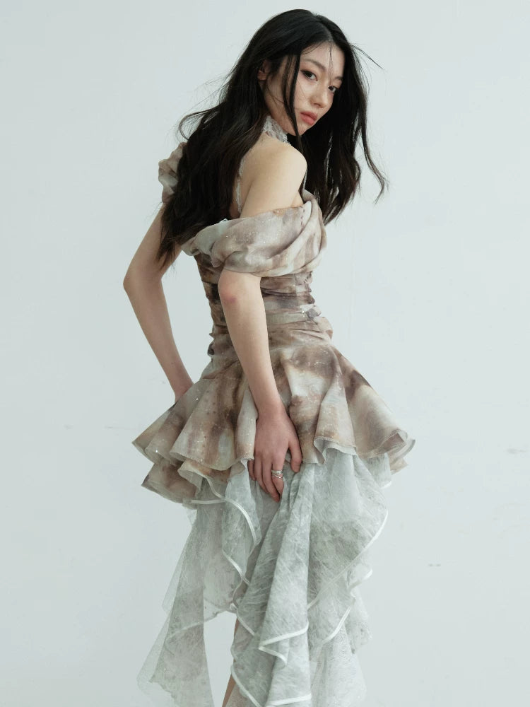 JNYLON Vintage Pleated Slash Shoulder Ruffle Hem Vest