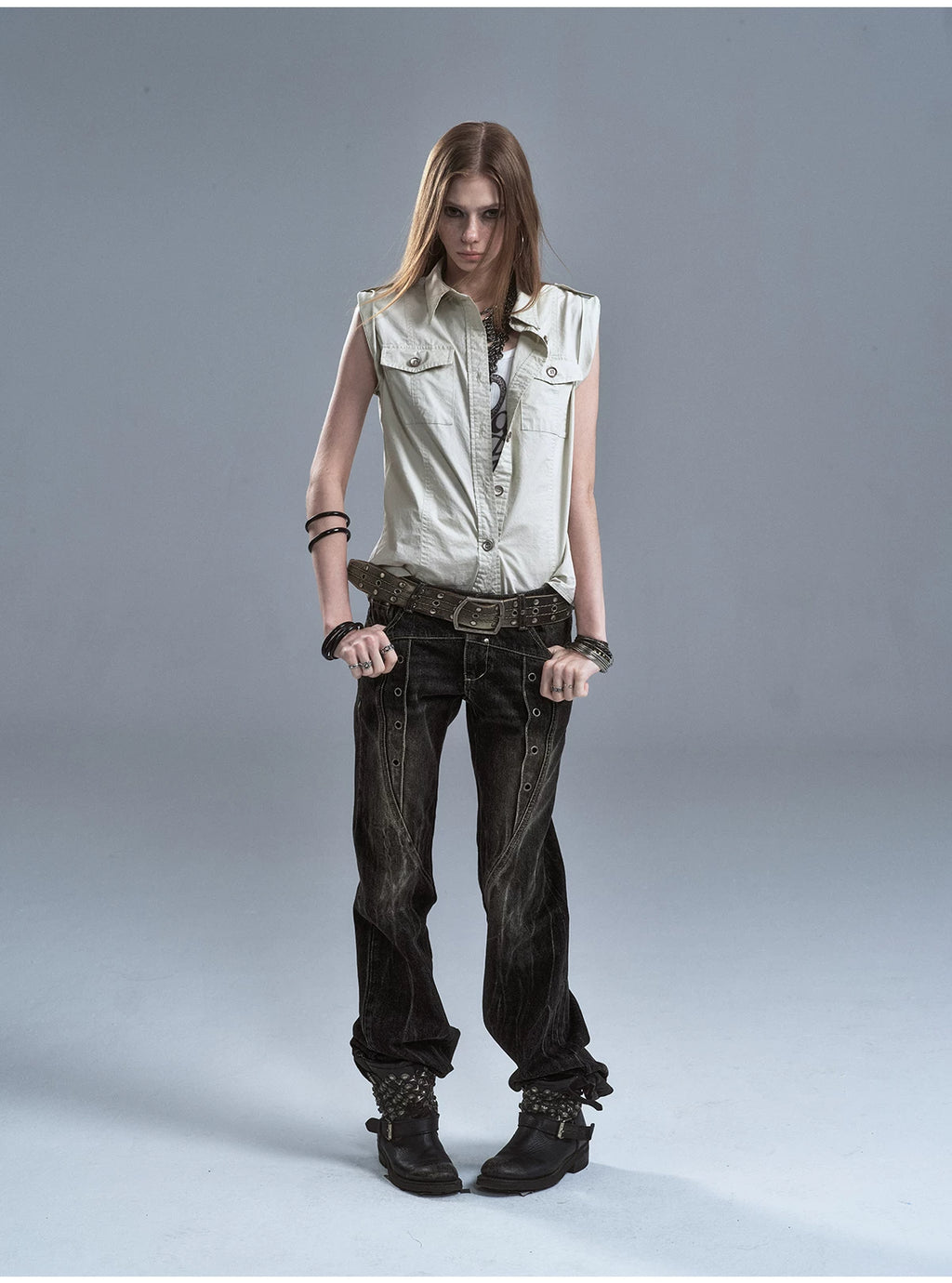 WearAndtear Rivet Metal Button Sleeveless Shirt