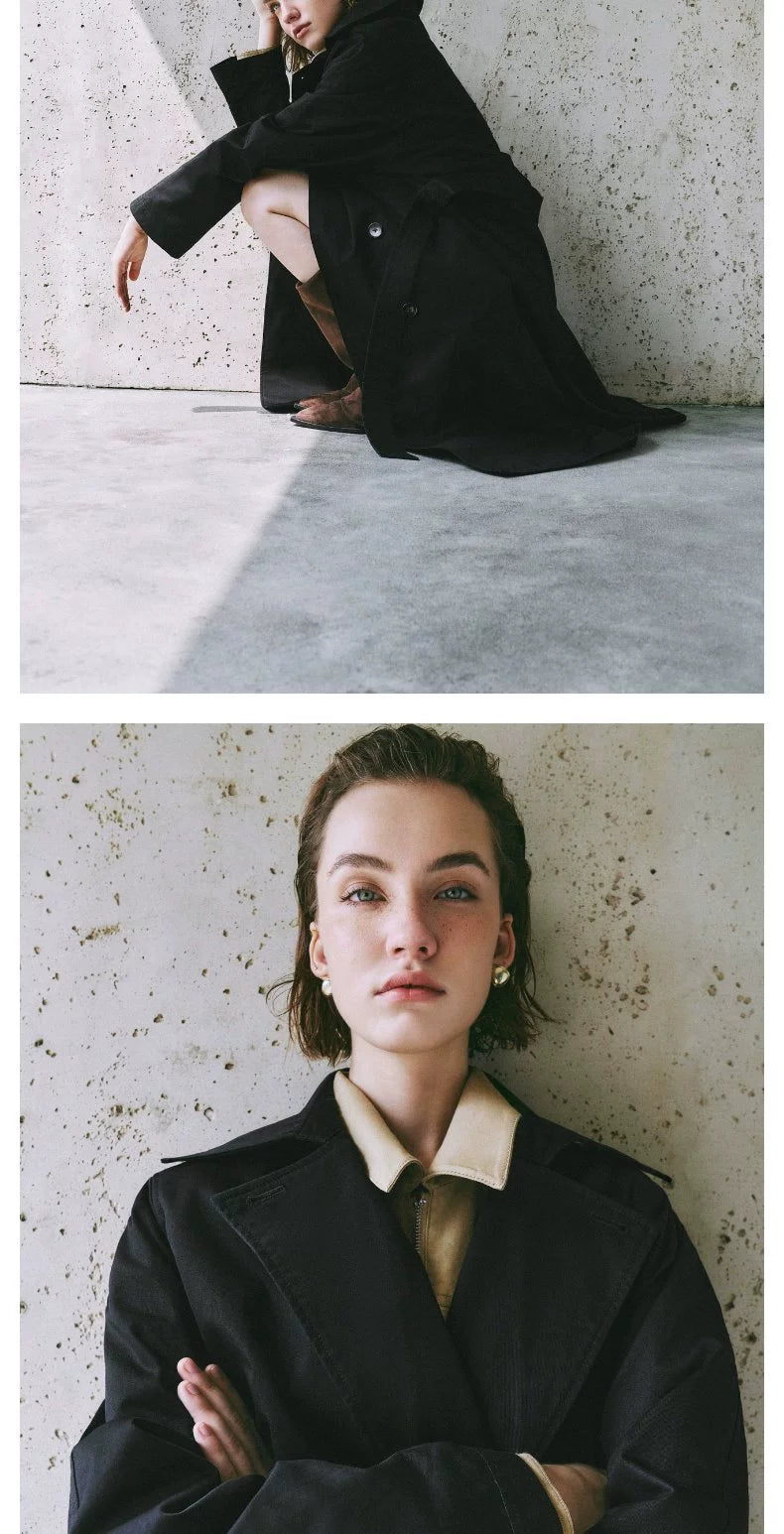 URBAN REVIVO Temperament British Style Double-breasted Waist Long Trench Coat