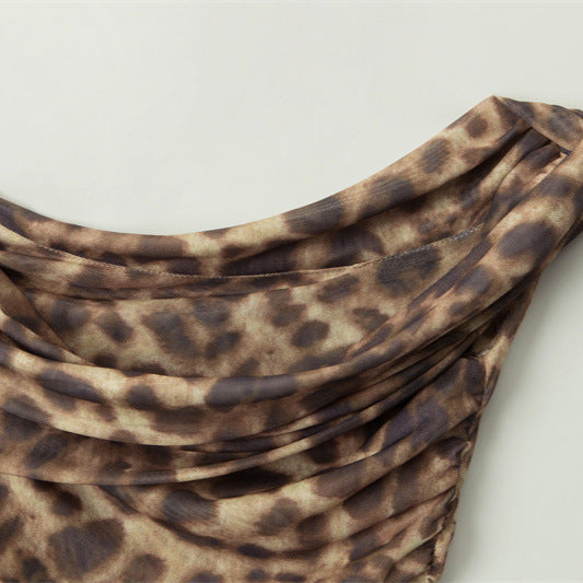 Nariele Irregular Slant Neck Leopard Patch Hottie Pleated Vest