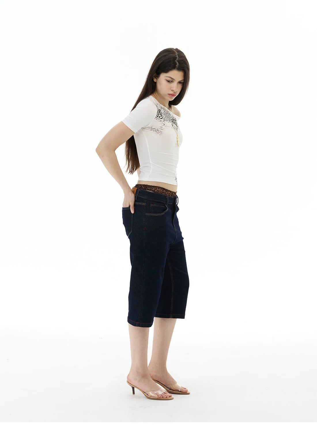 WLNEXT Leopard Print Slanted Shoulder Short Slim Tee