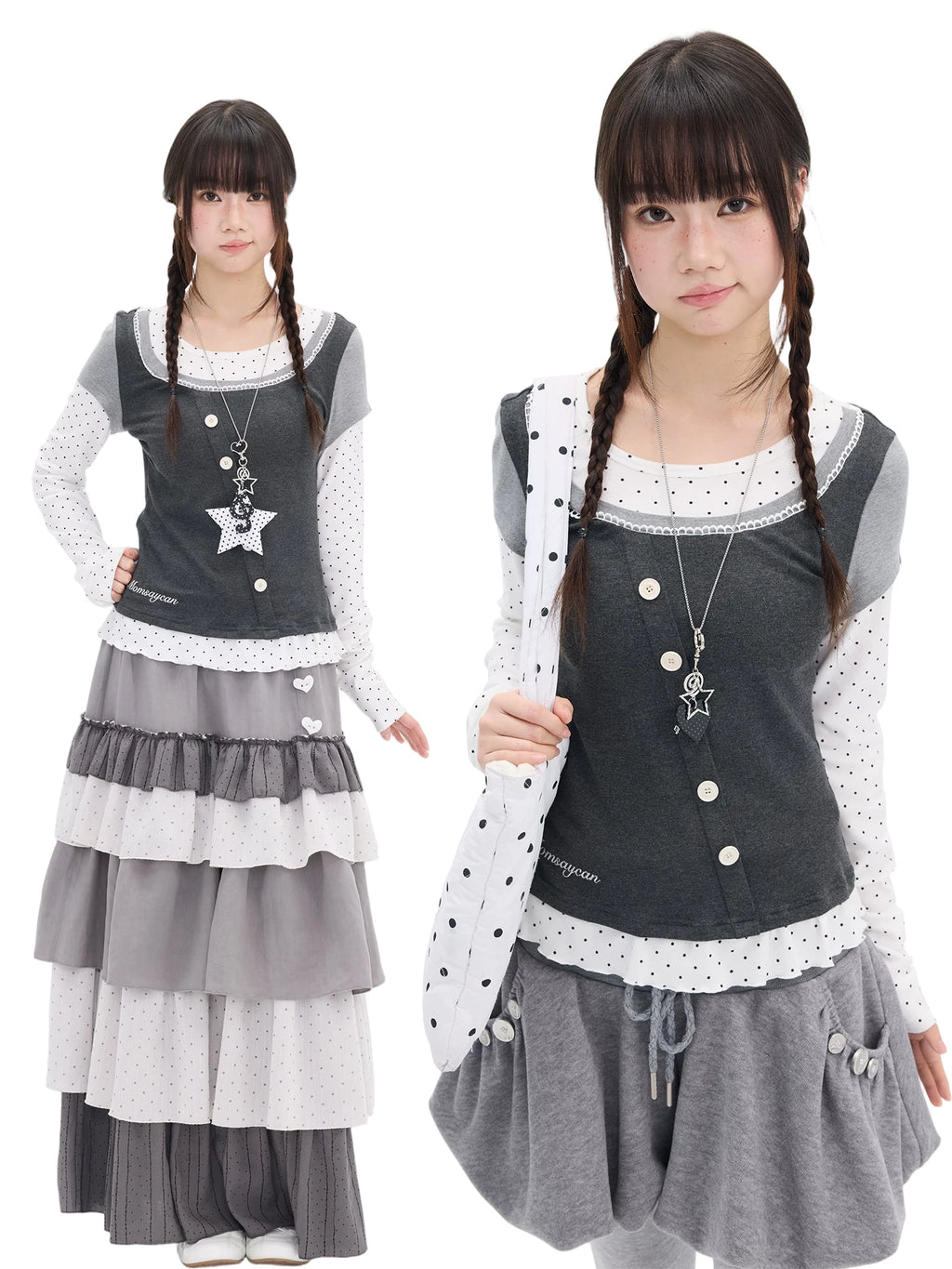 MOMSAYCAN Polka Dot Splicing Lace Slim Fit Long Sleeve