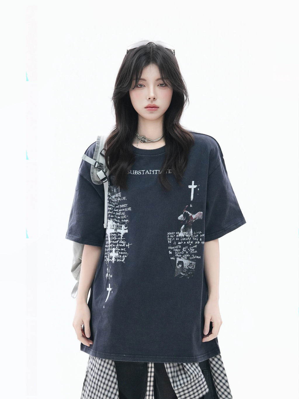Zuocisankon Cross Printed Loose Tee