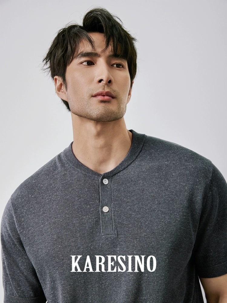 KARESINO Henry-neck Casual Knitted Polo Shirt