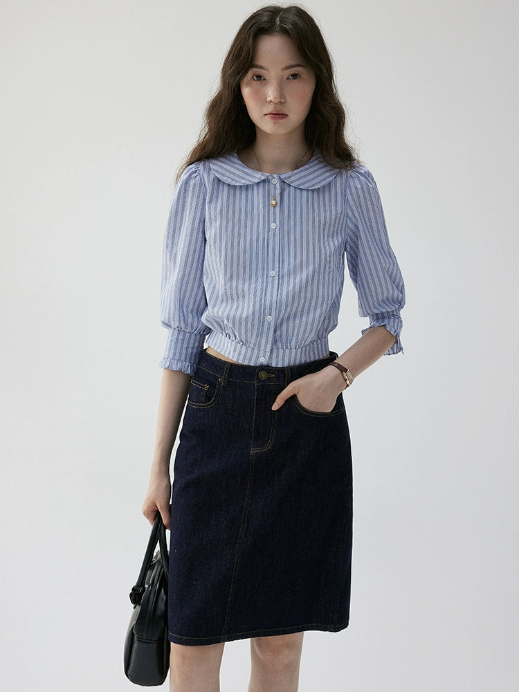 VOOE Short Doll Collar Striped Seven-quarter Sleeve Shirt