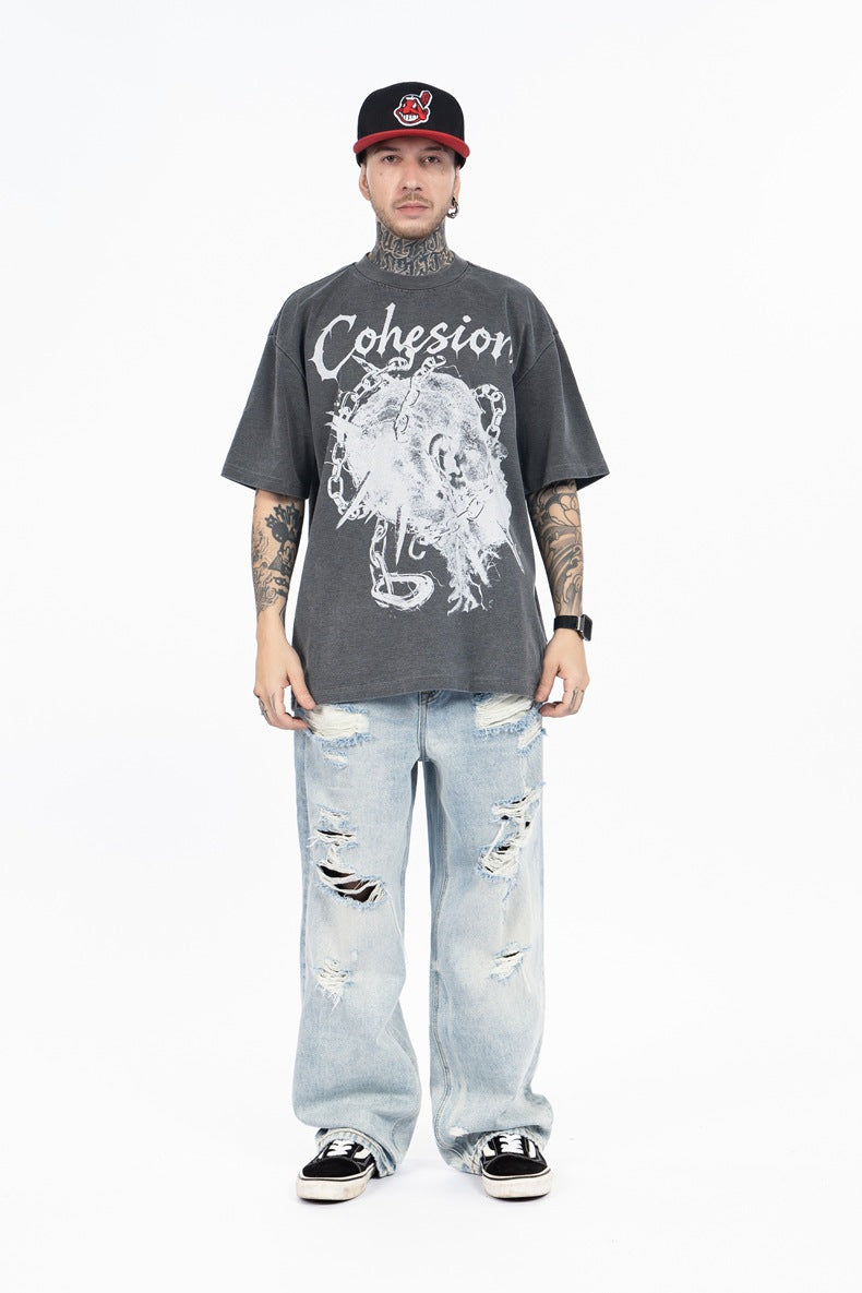 SUPER WAY Skull Letter Print Loose Tee