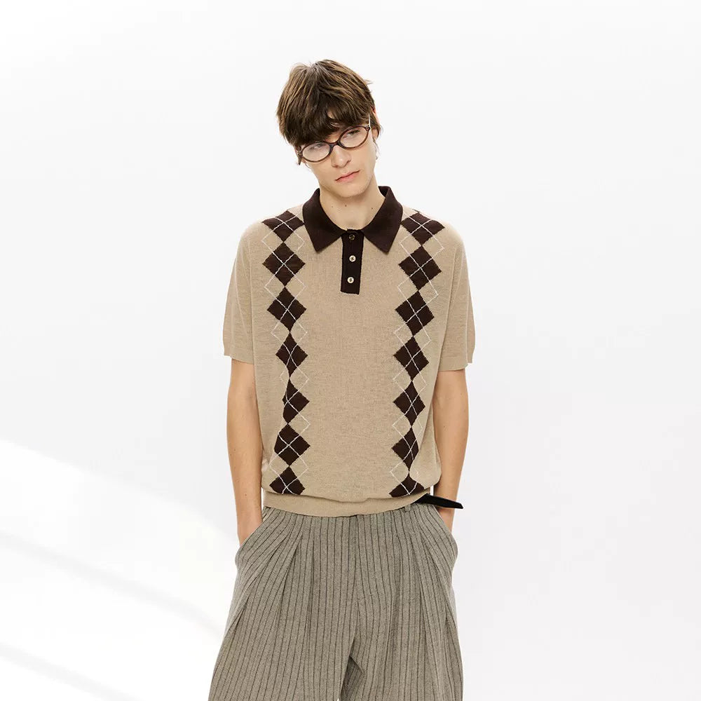 KREATE Rhombus Vertical Contrasting Casual Knitted Tee