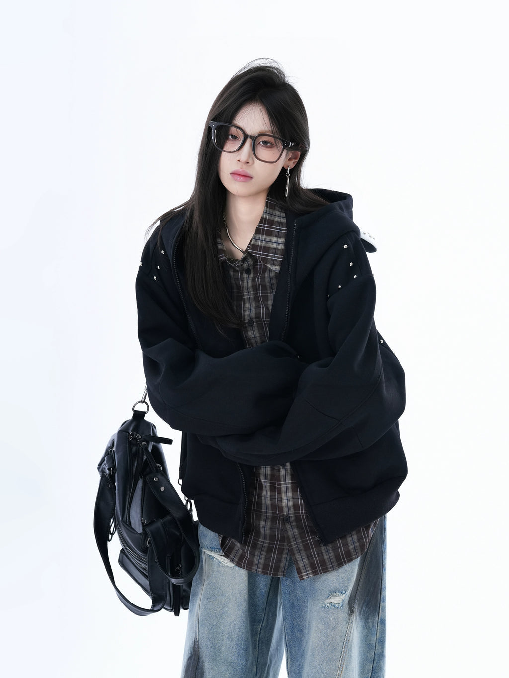 Zuocisankon Dog Ears Rivet Zip Cardigan Sweater