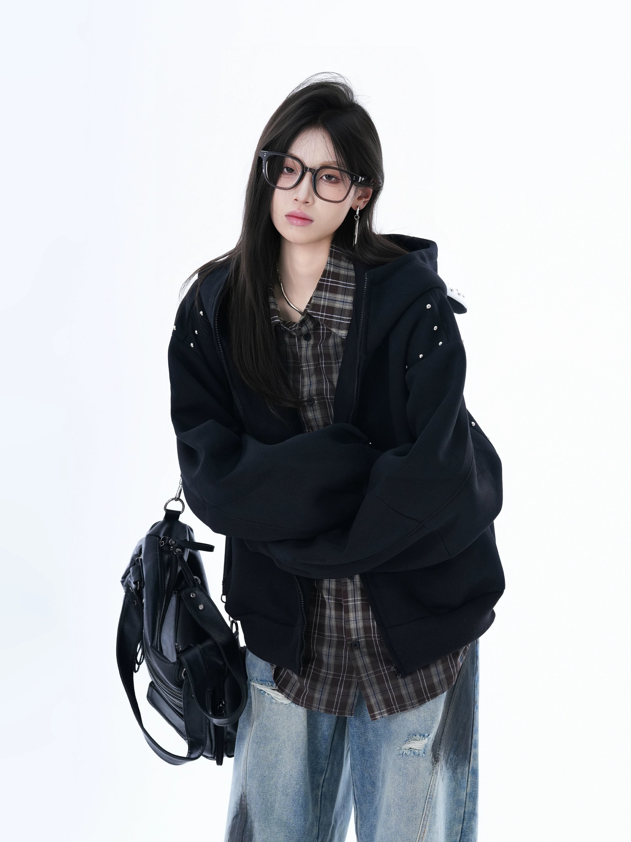 Zuocisankon Dog Ears Rivet Zip Cardigan Sweater